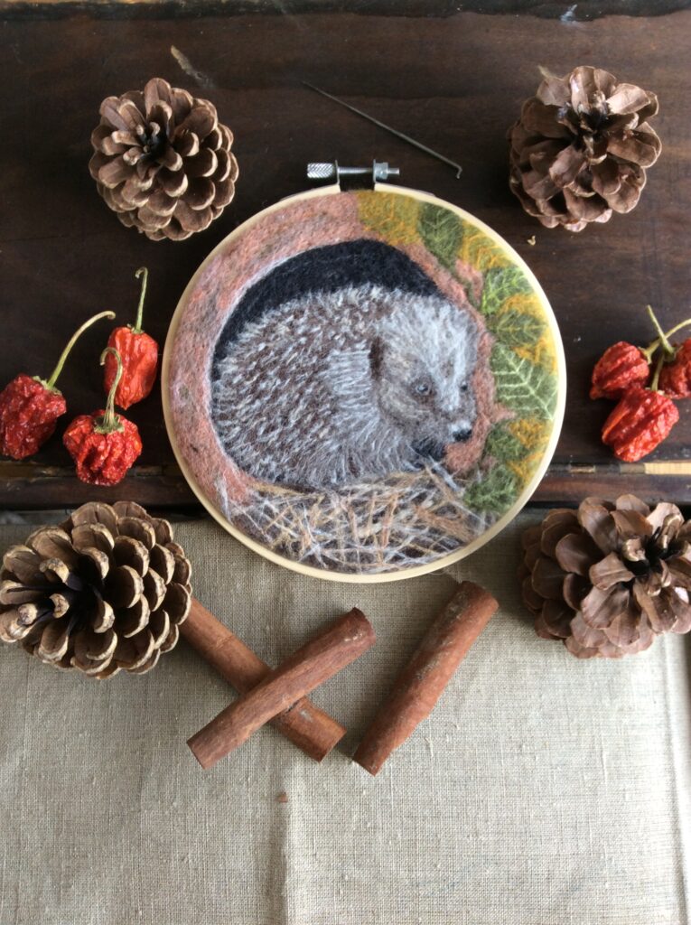 Needle Felt Wool Painting Hedgehog